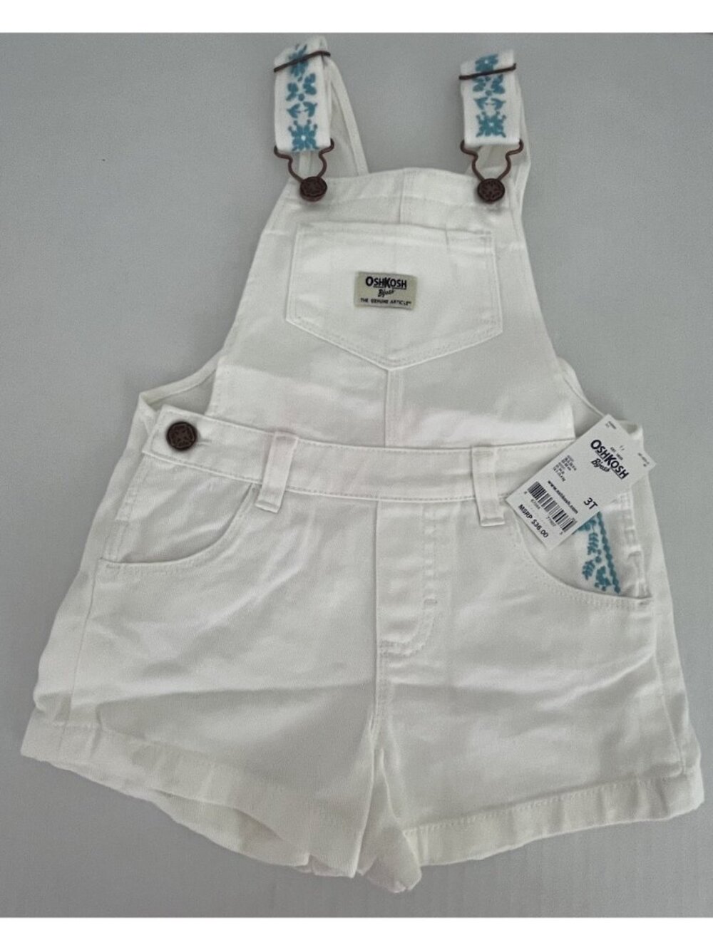 Oshkosh B'gosh Girl's 3T White Twill Shortalls Short Overalls Blue Embroidery NW